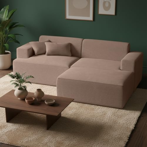 skølm Freki Cloud Couch – Sofa 3 Sitzer aus Cord in Taupe mit 2 Kissen – L-Form Eckcouch mit Hocker – Vollschaumcouch mit Federkern & Vakuum-Kompression 230 cm breit – kein Aufbau erforderlich