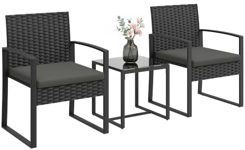 Outsunny Rattan Bistroset Balkonmöbel-Set mit 2 Gartenstühlen Dunkelgrau | 3-Teiliges Gartenmöbel-Set, Couchtisch, Abnehmbar Kissen, Sitzgruppe Gartengarnitur, für Garten, Terrasse