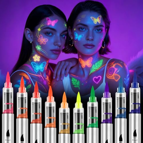 AOOWU Briljant Neon Ansiktsfärg UV, 10 st färgade tatueringsvaxer, giftfritt vax Neon UV-penna för vuxna och barn, kroppsfärgfärger för Halloween, Mardi Gras, Maskeradfest