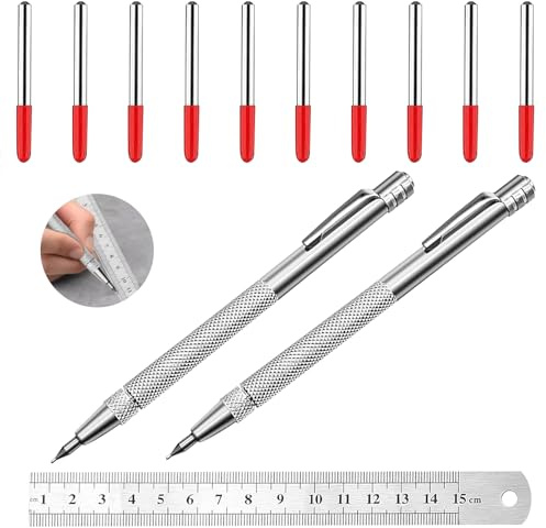 Anreißwerkzeug Set, 2 Stück Wolframcarbid Reißnadel für Gravieren Anreißen | 10 Ersatzspitzen, 15cm Stahllineal und Magnetischem Schwanz, für Gravieren und Anreißen von Metall, Keramikfliesen, Glas