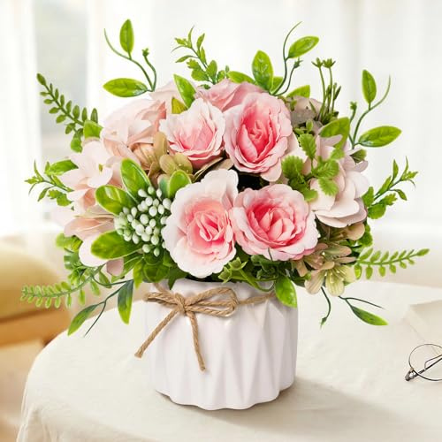 Mandarooker Faux Flowers with Vase, Pink Artificial Silk Rose in Vase | Silk Rose Artificial Flowers with Vase for Coffee Table Decor,Living Room Bathroom Plant Decor, Centerpiece Table Decorations