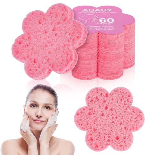 AUAUY 60 st ansiktsrengöringssvamp, ansiktstablett svamp, 100 % naturlig cellulosa ansiktssvampar för ansiktsrengöring, peeling, sminkborttagning (rosa, blommor)