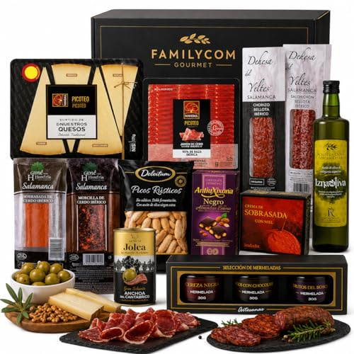 FAMILYCOM Cesta Gourmet para regalar - Lote gourmet con Ibéricos de regalo - Surtido de Bombones, chocolate, Embutidos, Aceite De Oliva Virgen - Regalos originales para El, Ella