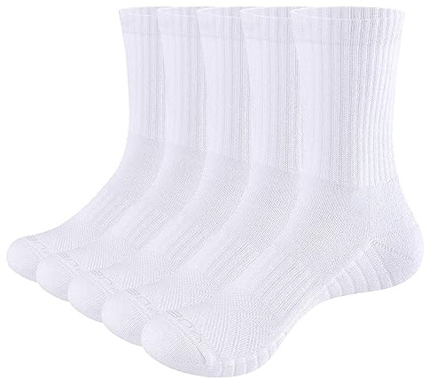 YUEDGE Women's Golf Tennis Training Sports Socks Moisture Wicking Breathable White Cotton Cushioned Crew Socks for Women Ladies 4-7, 5 Pairs