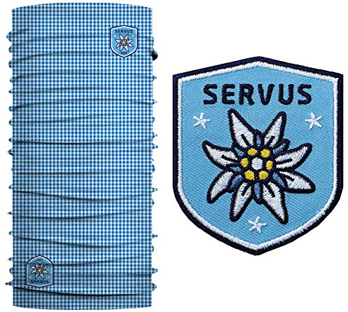 Club of Heroes Edelweiss Set / 1 Patch + 1 Multifunktionstuch/Aufnäher Aufbügler gestickt/Schlauchtuch Bandana Halstuch Mundschutz/Servus Tracht Dirndl kariert/Karo Blau