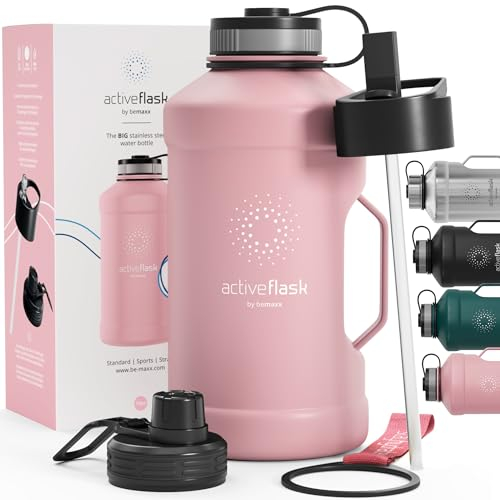 BeMaxx Trinkflasche Edelstahl ACTIVE FLASK + Strohhalm (3 Deckel) | Große 2,2 Liter Sportflasche BPA-frei Auslaufsicher Kohlensäure geeignet, 2l XL Wasserflasche Sport Outdoor Fitness Wasser Flasche