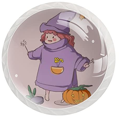 12 Stück Kommodenknöpfe aus Kristallglas, Halloween, niedliche magische Hexe mit Kürbis, runde Schubladenknöpfe, Ziehgriff, Hardware, Kleiderschrank Möbelknöpfe, 3,5 x 2,8 cm