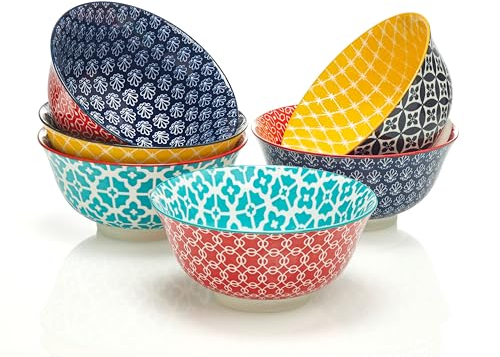 DOWAN Ceramic Cereal Bowls, Φ17.2cm Vibrant Color Dessert Bowls for Thanksgiving and Christmas, 980 ml Large Soup Bowl Set for Pasta, Salad, Ice Cream and Oatmeal, Set of 6