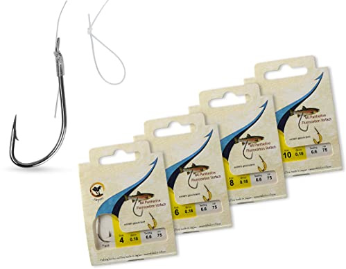 Storfisk fishing & more Set Bienenmadenhaken (Gr. 4, 6, 8 und 10) geschränkt für Forelle mit Fluorocarbon-Vorfach (0,18 mm, 6,6 kg)