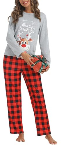 iClosam Schlafanzug Damen Lang Pyjama Set Winter Baumwolle V-Ausschnitt Zweiteiliger Nachtwäsche Langarm Sleepwear und Karierte Pyjamahose Loungewear Freizeitanzug