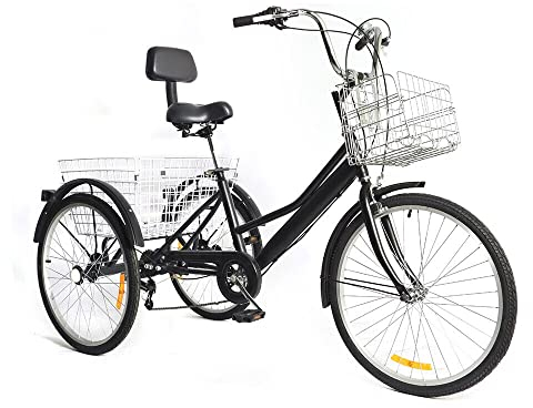 awolsrgiop 24 Zoll Dreirad für Erwachsene, 3-Rad 7-Gang Dreirad Fahrrad Tricycle mit Rückenlehne und Shopping Korb, 3 Räder Fahrrad Cruise Bikes Dreirad Erwachsene (Schwarz)