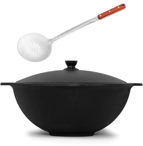 4BIG.fun Kazan Cast Iron Kettle Uzbek 8 L with Skimmer Namangan Kazan Uzbek with Lid Cast Iron Kettle Uzbek Camping Uzbek Swivel Pot Asia Wok Pot with Aluminium Lid Grill Wok Cast Iron Wok Pan
