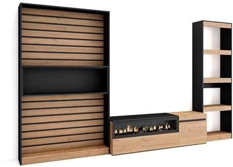 Skraut Home | Wohnwand Wohnzimmer | Wohnzimmermöbel, Möbelset | 320x186x35cm | Elektrokamin. Maße | Moderner Stil | Eiche Schwarz