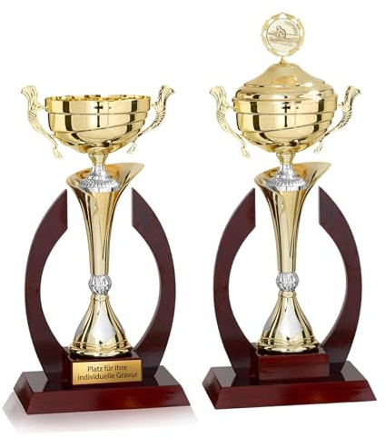 eberin · XL Premium Pokal Cayden Gold/Silber/Holz · ausgefallener Cup Pokal mit Deckel 52cm / ohne Deckel 42cm · Holzpokal · Pokal personalisierbar ·