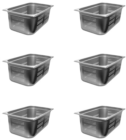 AcMax 6 Stück GN 1/1 Gastronormbehälter GN-Behälter Edelstahl 28 Liter Tiefe 200mm GELOCHT
