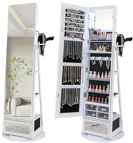 HOMASIS Schmuckschrank mit LED, drehbarer Spiegelschrank mit Schubladen, abschließbarer Schmuckregal mit Regalen, Schmuckkasten mit Haartrocknerständer, Schmuck-Organizer aus Holz (Weiß)