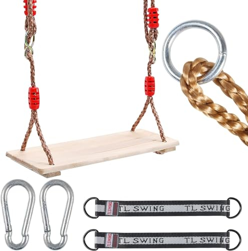 Altalena Legno, Altalena da Esterno, Max Portata 160 kg, Altalena da Giardino con Anello in Metallo Accessori Collegabili per Altalena All'aperto Amaca da Campeggio