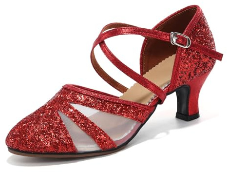 HIPPOSEUS Scarpe da Ballo Donna Latino Americano Tacco 5 cm Punta Chiuso Moderna Tango Scarpe Ballo da Sala, Rosso-Suola per Esterni, 38 EU