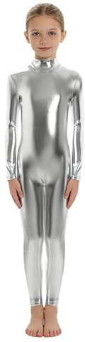 Moggemol Kids Boys Girls Long Sleeve Metallic Dance Gymnastic Leotard Mock Neck Full Body Unitard Shiny Catsuit Silver 10-12 Years