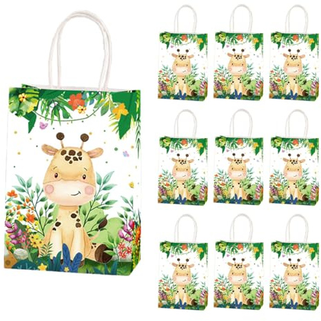 Auriselle 10 Stück 15*21*8cm Giraffen Geburtstagstüten Kinder Dschungel Kraftpapier Partytüten Mitgebsel Süßigkeiten Party Tüten Henkel Kindergeburtstag Goodie Geschenktüten Kindertag Geschenk, Grün