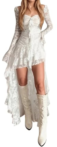 2026 Abito casual a linea da donna, elegante dettaglio in pizzo, abito midi a maniche lunghe con scollo quadrato, vita alta, discoteca per le gite quotidiane, mini abito estivo, bianco, M