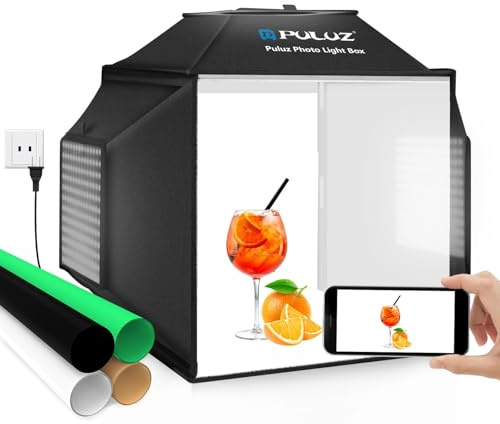 PULUZ 16x16 Inch Upgrade Photo Studio Light Box, Professional Dimmable Shooting Tent with 480 LED Lights & 4 PVC Backdrops, Portable Softbox for Jewelry, Small Product Photography