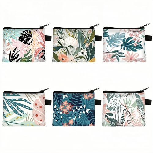 Fubuuf 6 Pièces Petit Porte Monnaie Floral Portefeuille pour Femme Et Fille Portable Mini Pochettes avec Fermeture Eclair pour Rouge à Lèvres, Pièces, Carte De Crédit, Clés, Écouteurs (13.5x11cm)