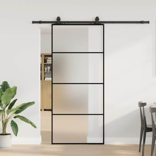 Schiebetür mit Beschlag Schwarz 90x205 cm ESG-Glas Schiebetürsystem Raumteiler für Wohnbereich