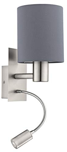 Eglo Lampada da parete a Led Pasteri a due punti luce, acciaio nichel opaco, tessuto grigio, E27, incl; interruttore e luce di lettura flessibile