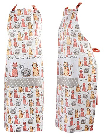 SPOTTED DOG GIFT COMPANY Kochschürze Damen, Küchenschürze mit süß Katzenmotiv 100% Baumwolle, Schürze Verstellbar mit Tasche, Katze Küchenzubehör und Deko, Geschenk für Katzenliebhaber Frauen