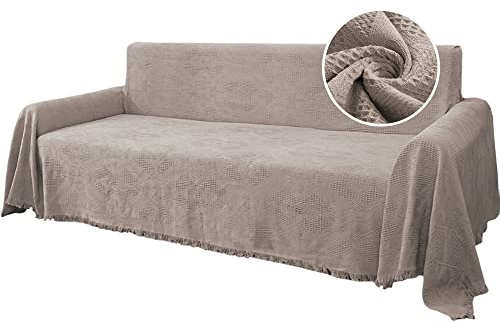 H.VERSAILTEX Cotton Sofa Covers Couch Cover Sofa Slipcover for Most Shape Sofas, Feature Thick Woven Jacquard Seamless with Tassels, Multi-Use Decorative for Couch (XX-Large: 91 x 134, Sand)