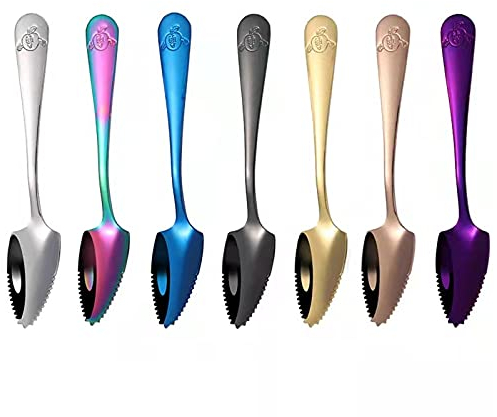 Lot de 7 cuillères à pamplemousse dentelées en acier inoxydable pour agrumes, finition miroir arc-en-ciel magique