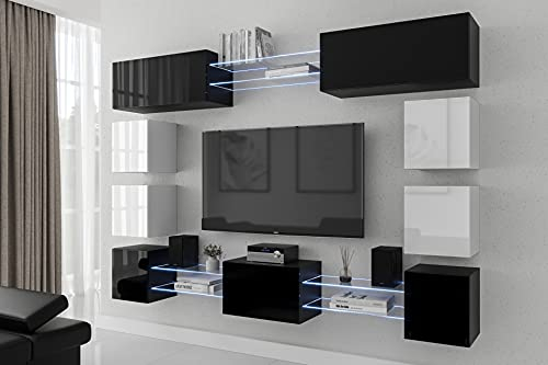 Furnitech Wohnwand Wohnzimmer | Hängend Wohnwand Modern | Wohnzimmer Schrankwand mit Regale und TV Schrank | Wohnzimmer Möbel ohne LED (Future C80N-21BW-HG22)