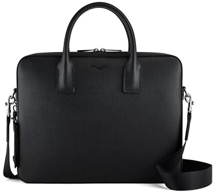 Le Tanneur, Slim briefcase, 14 inch laptop bag, leather, emile man, foam laptop pocket, storage pockets, briefcase, trolley loop, shoulder bag, business bag, work, Black, L 36 x H 29,5 x P 8 cm, EMILE
