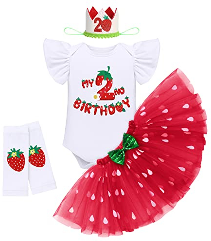 Baby Mädchen Erdbeere Mein 2. Zweiter Geburtstag Outfit 2 Jahre Alt Party Fotoshooting Baumwolle Kurzarm Strampler Prinzessin Tütü Rock Pailletten Stirnband Beinwärmer Set Sommer Bekleidung 2 Jahre