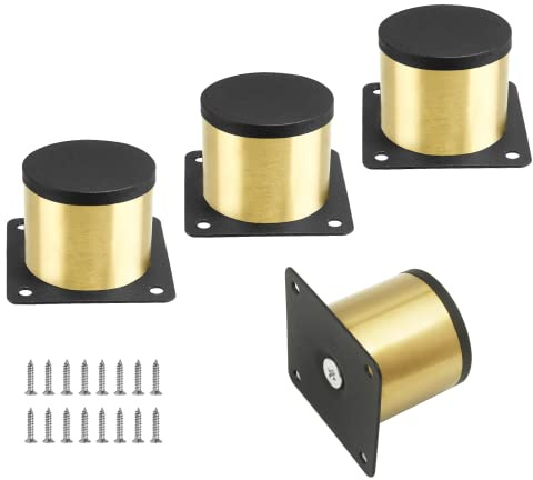 Kyuionty Gold Set of 4 Stainless Steel Furniture Legs 2 Inch/ 50 mm | Round Kitchen Cabinet Legs, Non-Slip Plastic Base, Screws Included, Replacement Legs Fits Sofa Couch Shelves Table