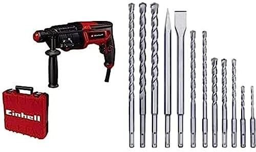 Einhell Marteau Perforateur TC-RH 800 4F (800W, 2.6J, perçage + perforage + burinage avec et sans fixation du burin,mécanisme de frappe pneumatique, SDS-Plus, coffret E-Box) + Kit de 12 forets/burins