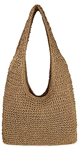 Women Large Straw Beach Bag Handmade Woven Shoulder Bags Hobo Tote Handbag Purse for Summer (Khaki)