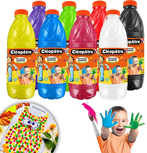 Cléopâtre Primer Gouache Baby 2-en-1-Pintura 8 Pintar con pincel, 1 l, pintura para el dedo, lavable para niños, a partir de 2 años, colores surtidos, 1 litro, juego de 1000 piezas