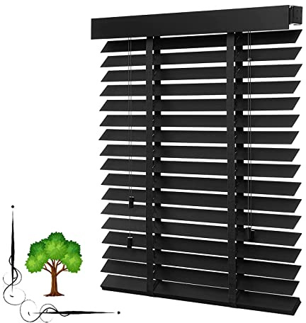 Jolan Venetian Blinds Black 50cm 60cm 70cm 80cm 90cm 100cm 110cm 120cm,Natural Solid Wood Venetian Blinds,Blackout/Heat Insulation Shutters Curtains,Wooden Blinds for Windows,W×H-90x180cm/35.5x71in