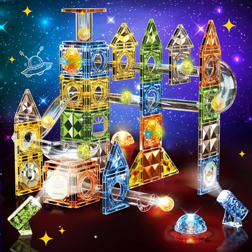Herenear Magnetische Bausteine, 105 Teile 3D Leuchtenden Magnete Konstruktion Bauen Blöcke, 3D Magnet Murmelbahn Bausteine, STEM Lernspielzeug Bausteine, Magnetspiel Geschenke ab 3 4 5 6 7 8 (105 Pcs)