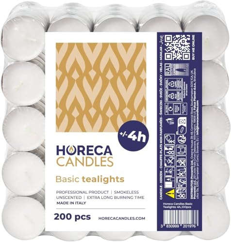 Horeca Candles - Velas de té Blancas - 4 Horas de Duración - Paquete de 200 Unidades - Candelitas Decorativas Sin Perfume - Para Boda, Relajación, Cumpleaños