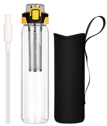 DEARRAY 1l / 1 Liter Trinkflasche Glas mit Edelstahl Sieb und Strohhalm 1000ml Teeflasche mit Filter to go Wasserflasche mit Neoprenhülle für Kaffe, Loseblatt-Tee