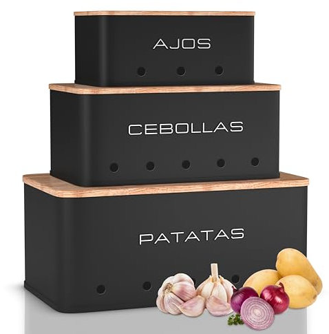KOOK TIME rangement pomme de terre oignon ail - Lot de 3 - Boite pomme de terre oignons ail - rangement légumes avec petits trous de ventilation pour une circulation d'air optimale - Noir Mat