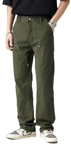Pantaloni Casual Tuta da Lavoro con Rivetti da Strada, Pantaloni Larghi da Uomo, Dritti e Casual, a Gamba Larga - Verde Militare - 36 (185/90A)