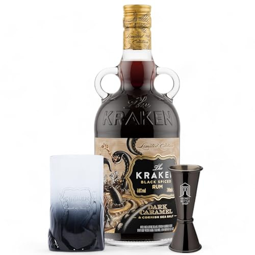 Kraken Dark Caramel & Cornish Sea Salt Spiced Rum Glass & Jigger Set 70cl | Rum Gifts for Him, Her, Birthdays, Christmas, Corporate, Mothers Day, Fathers Day