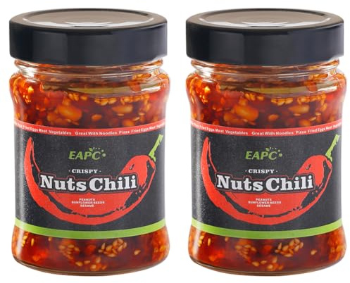 EAPC Crispy Nuts Chili Oil, Extra Crunchy Nuts Chili Sauce with Peanuts, Sunflower Seeds, Sesame, Chili Crisp Oil, Ready to Eat and Use as Sauce, Condiment,190g/6.7oz (Pack of 2)