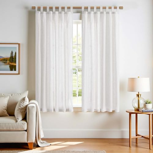 TOPICK Gardinen mit Schlaufen Leinenoptik Vorhänge 2er Set H175xB140 Weiß | Lichtdurchlässig Gardine Wohnzimmer boho landhausstil blickdicht Vorhänge Schlafzimmer Curtains Living Room schlaufengardinen