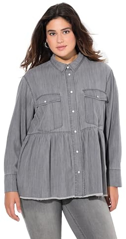 Ulla Popken Damen große Größen Übergrößen Plus Size Jeansbluse, Volant, A-Linie, Hemdkragen, Langarm, Fransen Light Grey Denim 54+ 834531904-54+