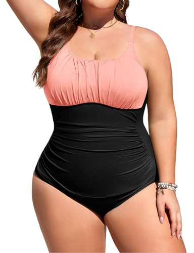 Tuopuda baddräkt för kvinnor plus size baddräkt magkontroll rynkad blygsamma badkläder dam vadderad baddräkt push-up baddräkter L-4XL, Rosa och svart, 4XL